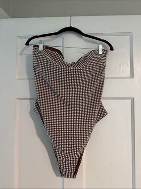 Abercrombie & Fitch Brown and White Gingham One-Piece Swimsuit